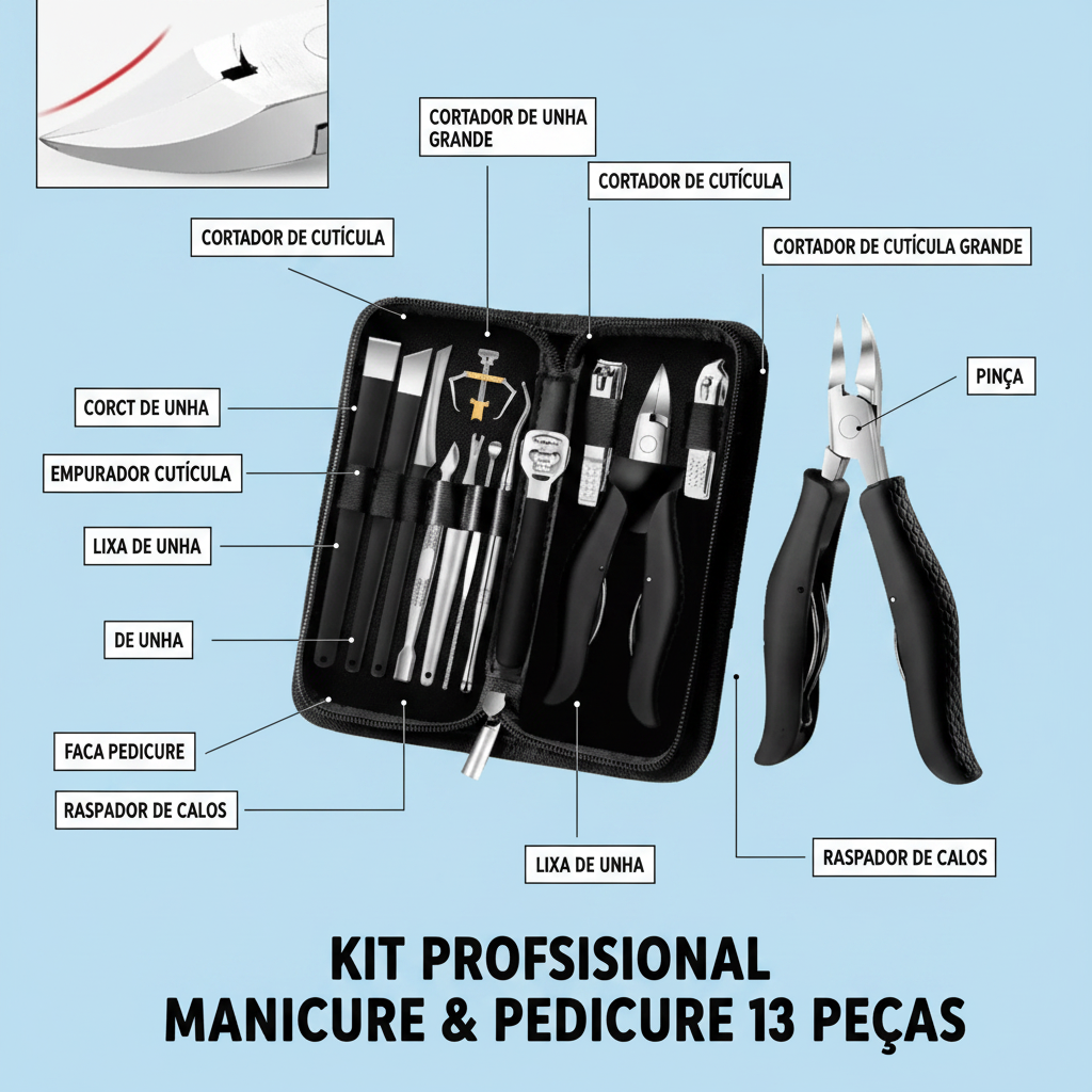 Kit 13 peças alicate inox - infográfico com legendas
