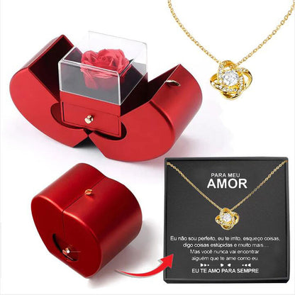 Caixinha Presente Com Colar Rosa Real Flor Preservada(Minha Vida Prateado)