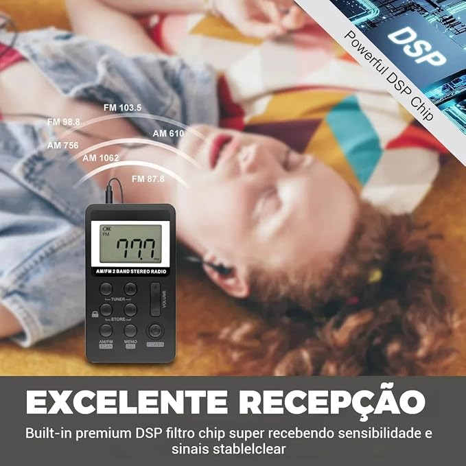 Mini Rádio Digital Am/fm Estéreo Portátil Com Fone De Ouvido(Preto)