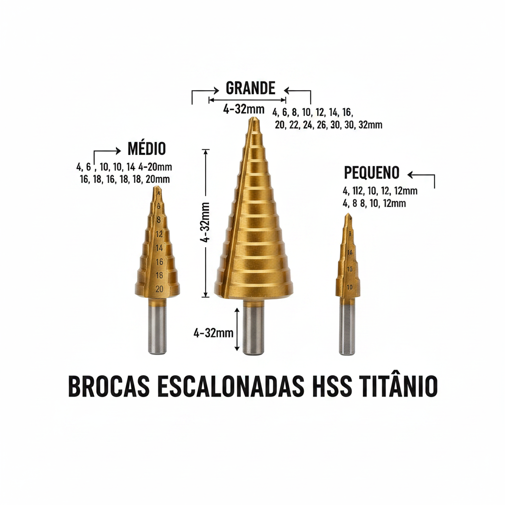Infográfico com medidas das brocas escalonadas cônicas HSS titânio