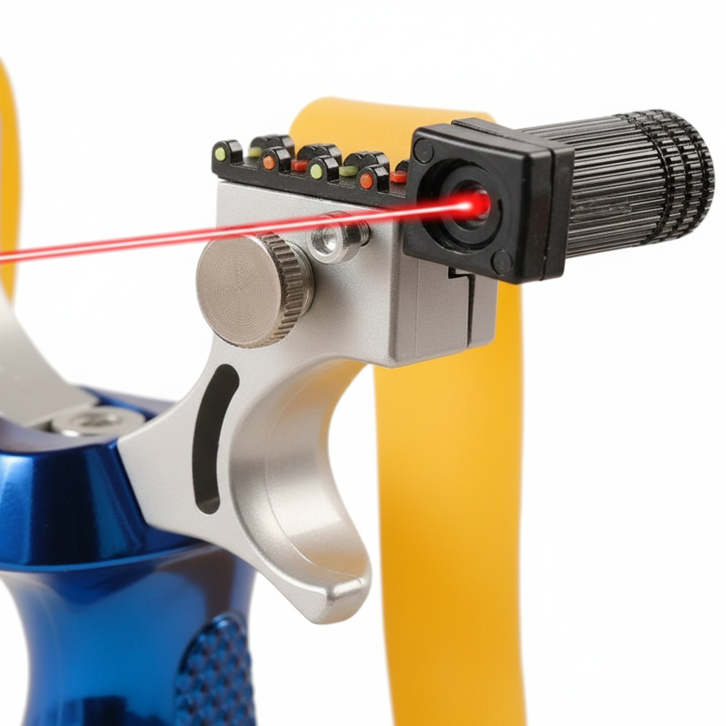 Detalhe da mira laser e garfo metálico
