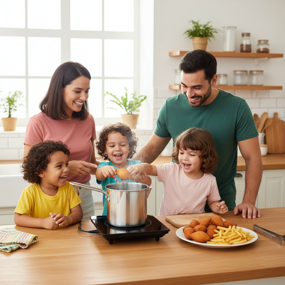 Família brasileira usando a fritadeira na cozinha