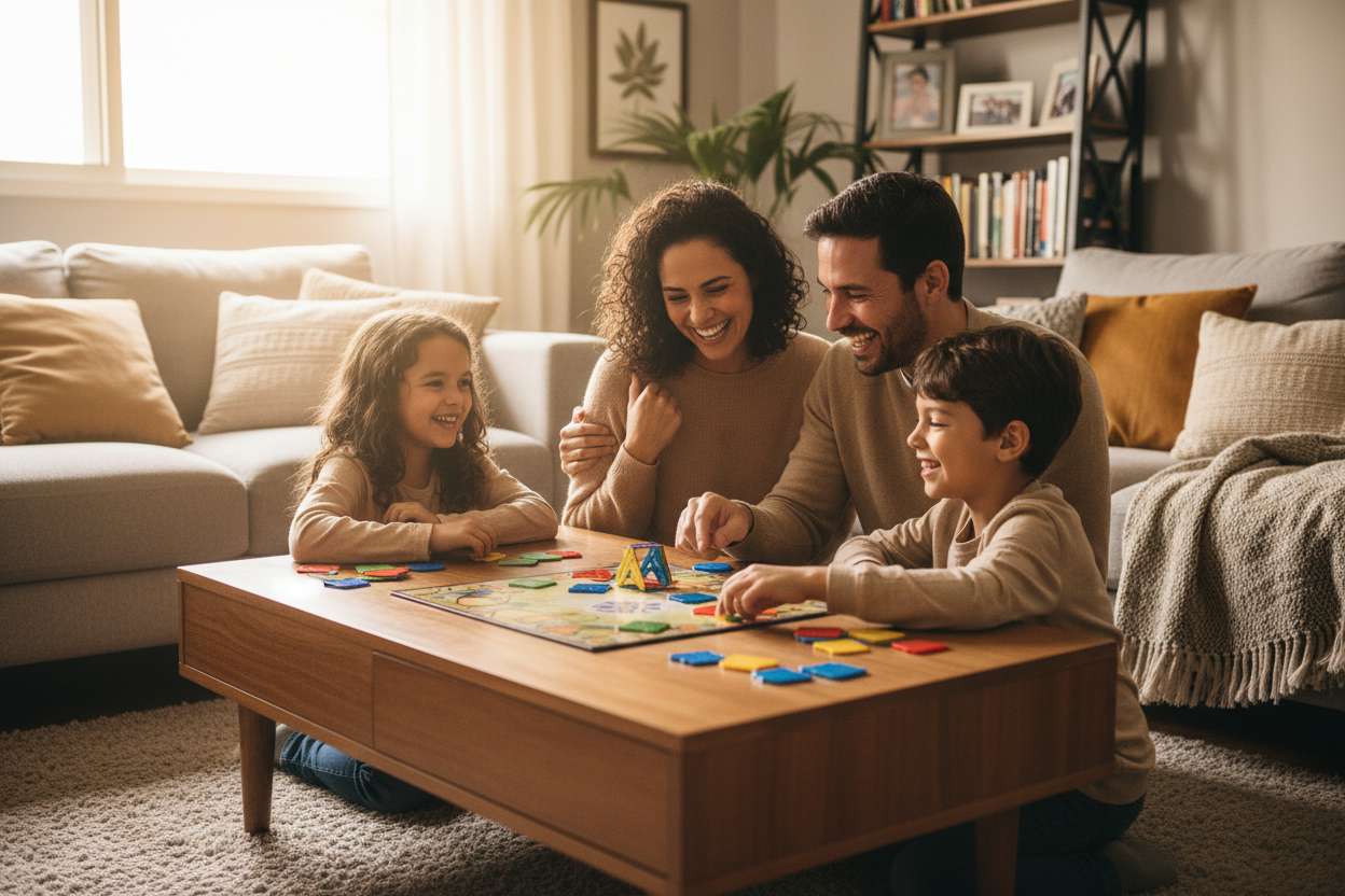 Família jogando jogo magnético