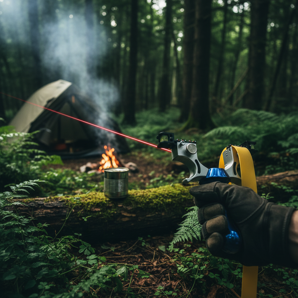 Estilingue em floresta com laser ativado - cena de camping