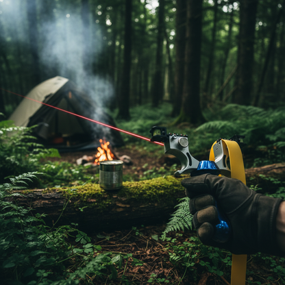 Estilingue em floresta com laser ativado - cena de camping