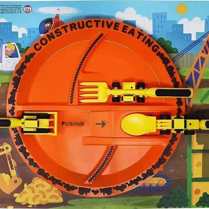 Kit Construtora 4 Peças: Prato + Talheres Infantis (Garfo, Colher, Escavadeira, Pá) - Presente Criativo