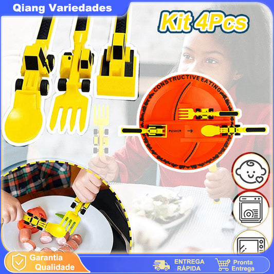 Kit Construtora 4 Peças: Prato + Talheres Infantis (Garfo, Colher, Escavadeira, Pá) - Presente Criativo